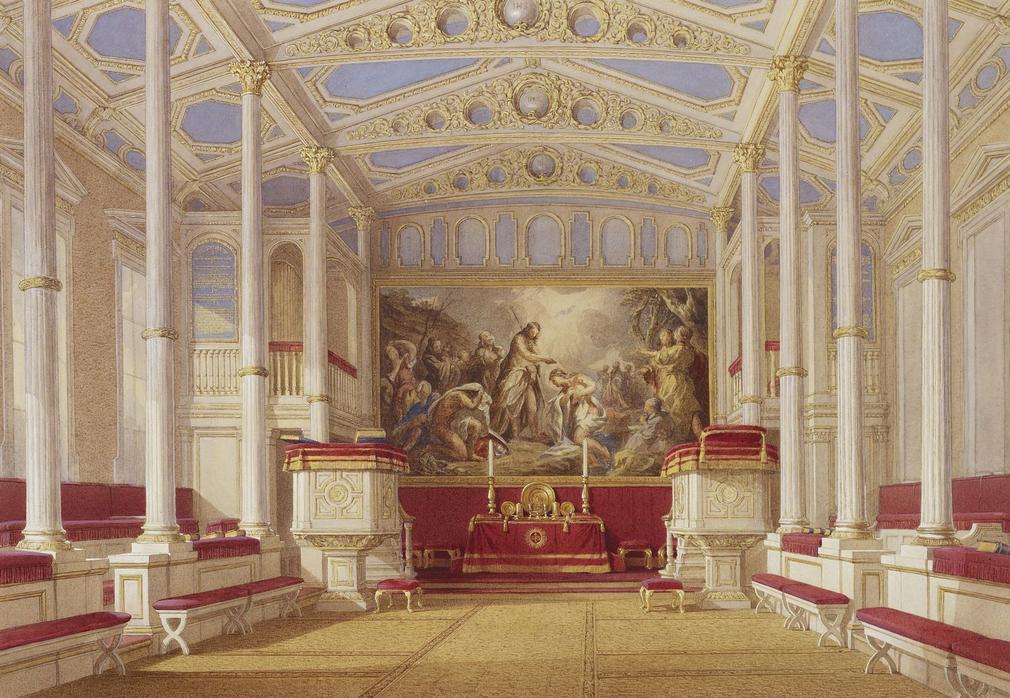 The Private Chapel at Buckingham Palace A watercolour depicting a topographical interior view of the Private Chapel at Buckingham Palace.
Morison was commissioned in 1843 by Queen Victoria and Prince Albert, who became keen collectors of the fashionable nineteenth-century watercolour genre of i