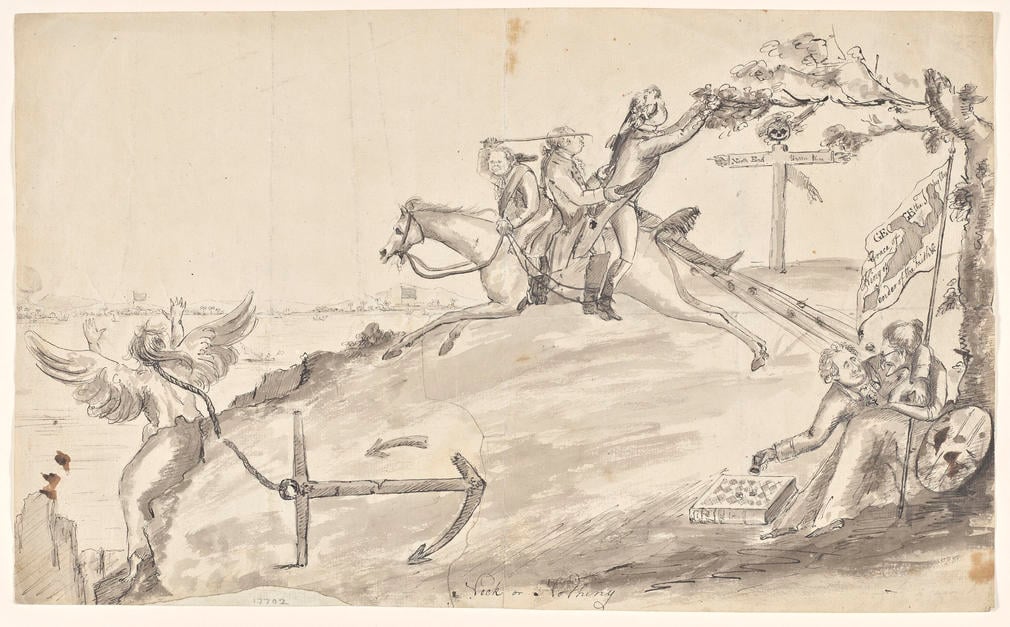 Neck or Nothing. Satire on the American War of Independence. Lord North riding on galloping horse towards high precipice. George III and another follow. Britannia as an old woman, embraced by a man playing dice. On left angel with anchor tied to neck.