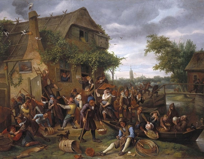 Jan Steen, A Village Revel, RCIN 405611 Painting of A Village Revel by Jan Steen showing a grouping of people having a party outside a building