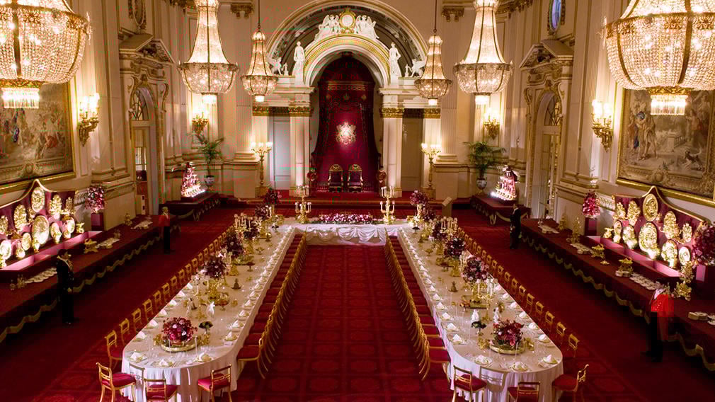 The Ballroom at Buckingham Palace set up for a banquet Ballroom