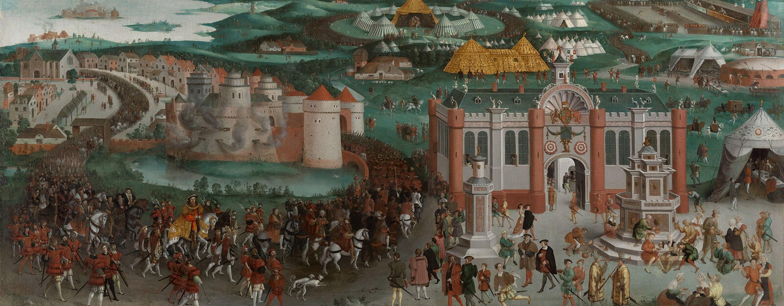The Field of the Cloth of Gold (RCIN 405794). A field filled with temporary palaces and tents. Crowds of people in Tudor outfits walk or rides horses.