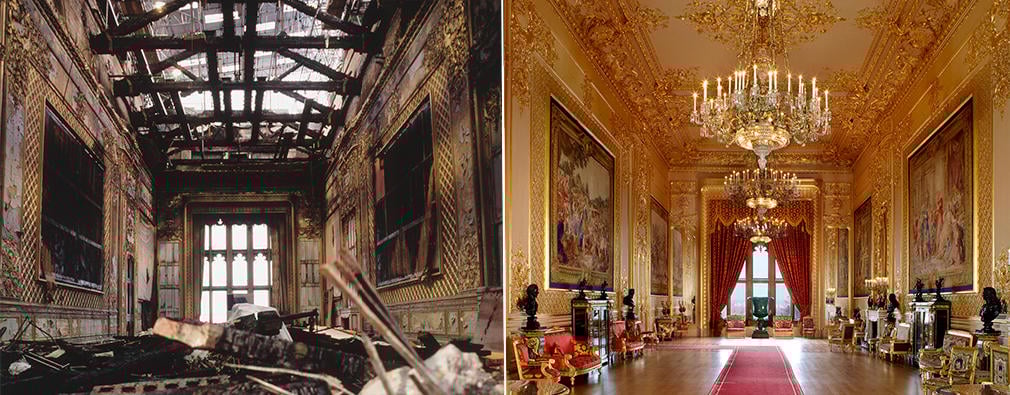 The Grand Reception Room before and after restoration. The Grand Reception Room before and after restoration.
