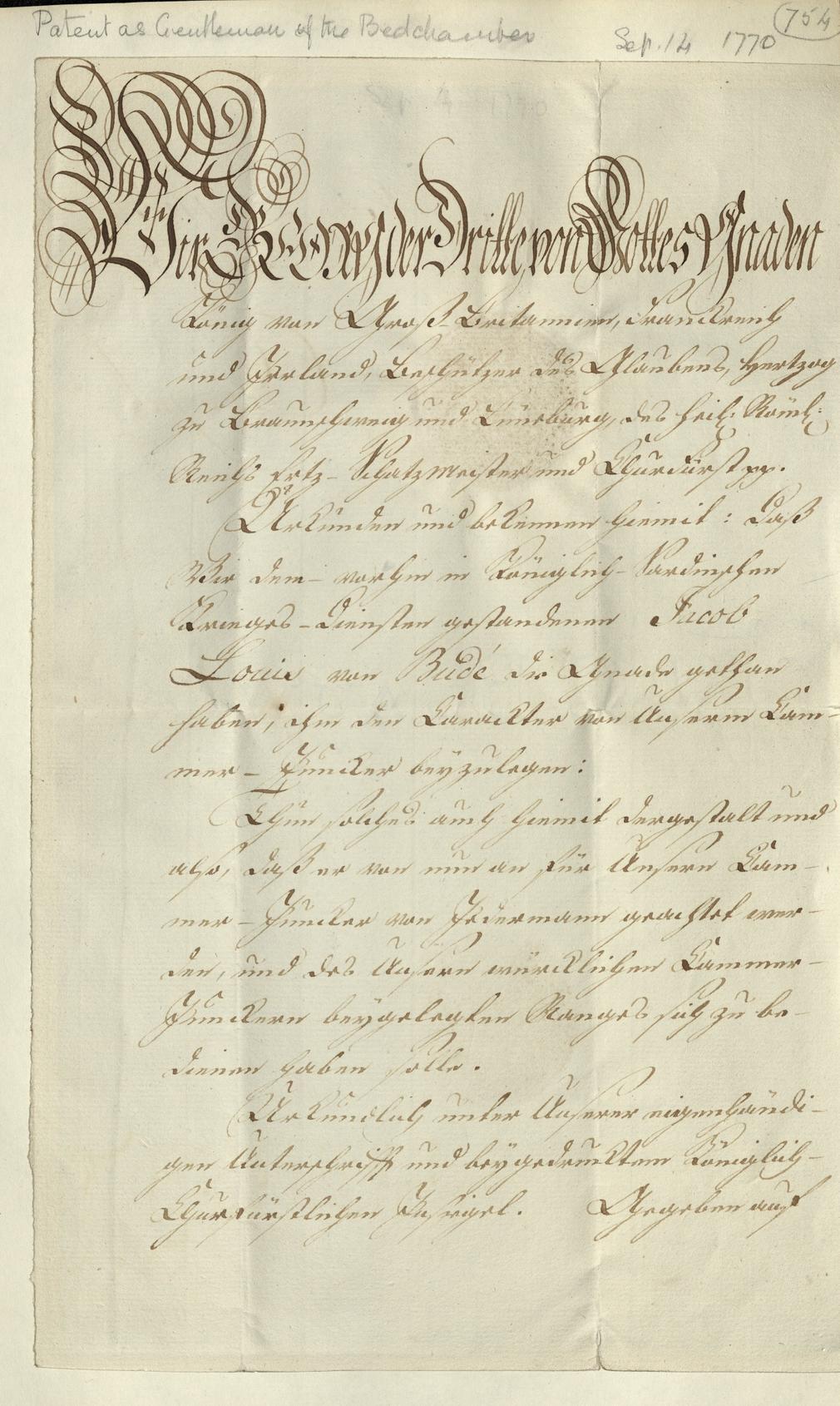 Patent for General Jacob de Budé as Gentleman of the Bedchamber, 1770, GEO/ADD/15/0754 Manuscript pattent relating to General Jacob de Budé