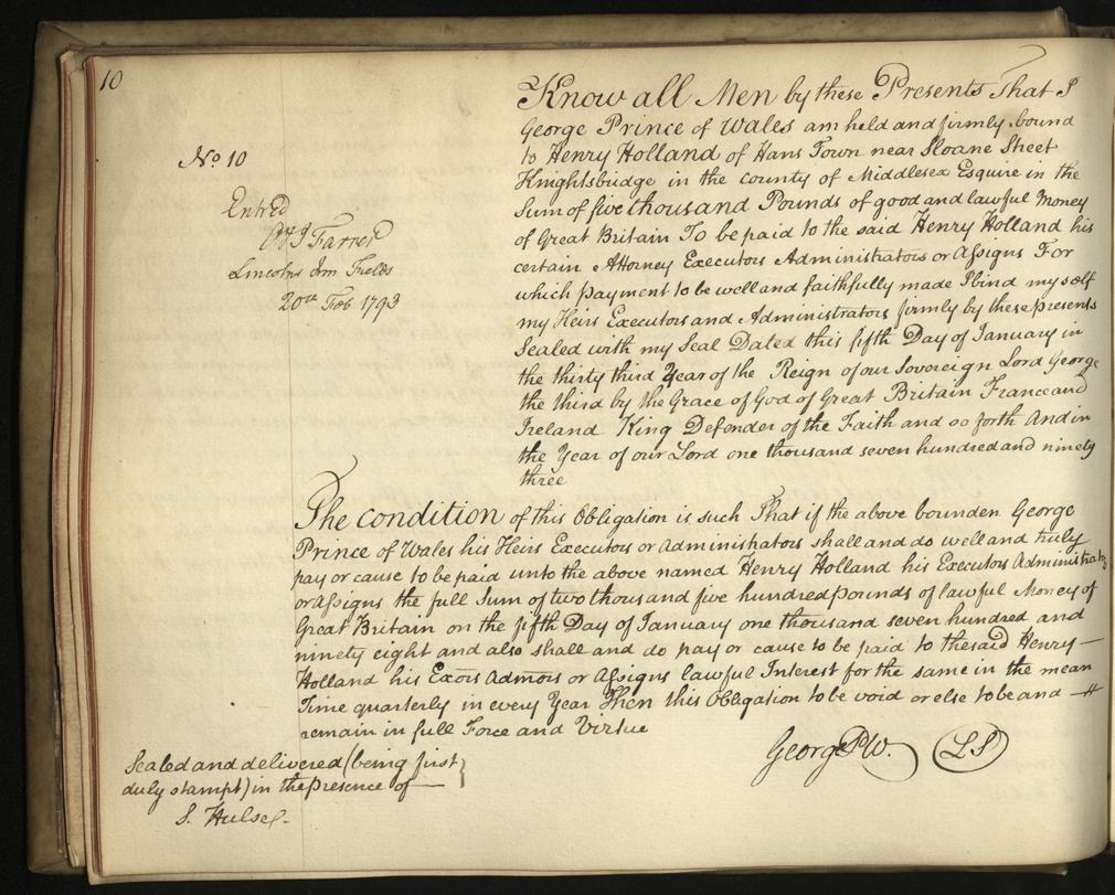 Page from George IV's record of debts, 1793 (GEO/ADD/17/64/1) Extract from financial ledger of George IV's debts