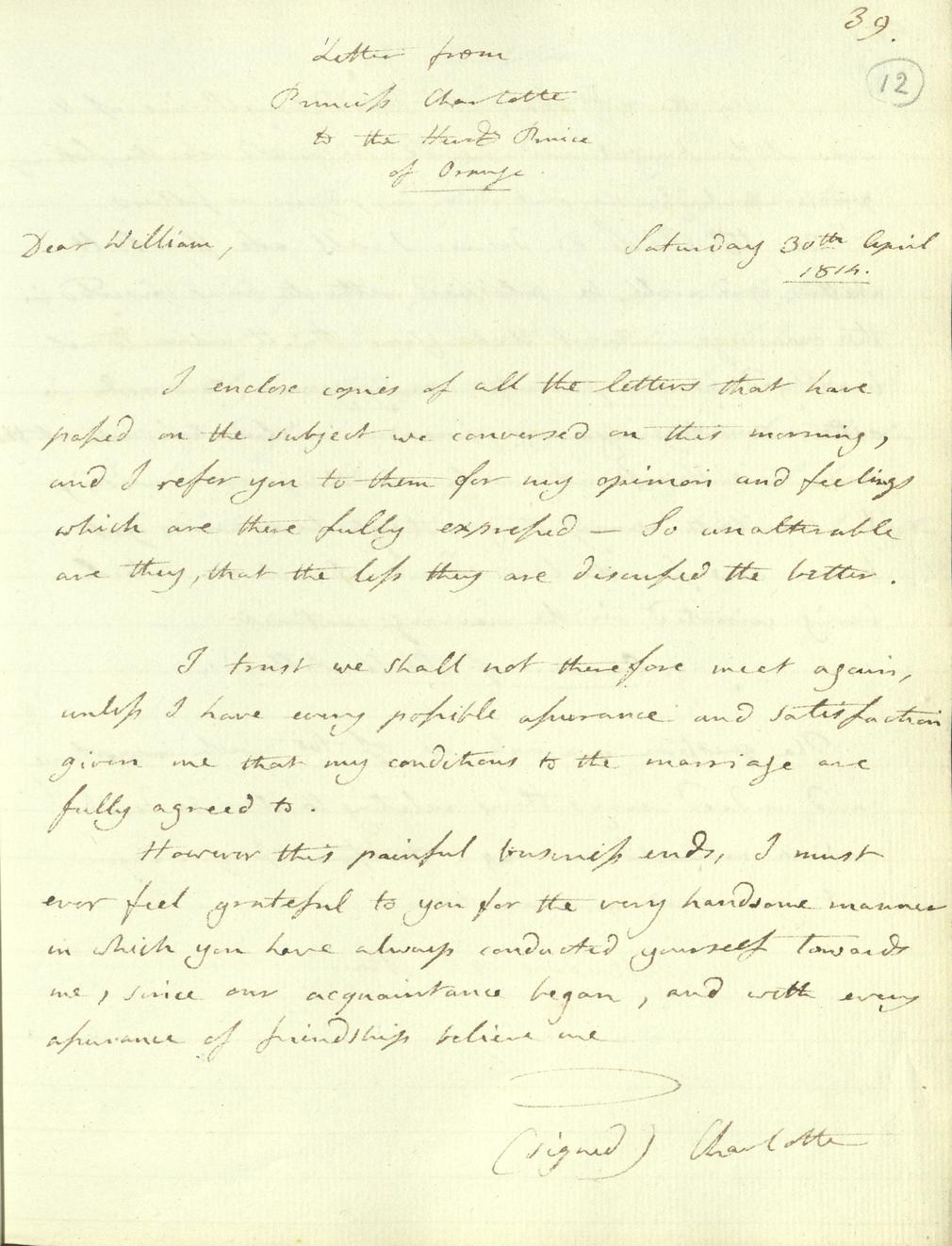 Copy letter from Princess Charlotte of Wales to William, Hereditary Prince of Orange. GEO/ADD/22/12