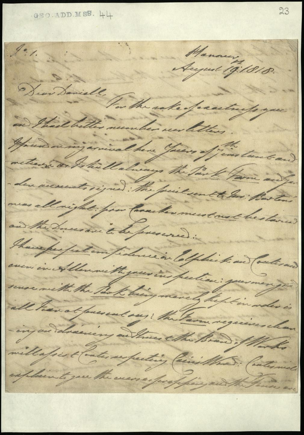 Letter from William, Duke of Clarence, to J.W. Daniell concerning Bushy House, 1818, GEO/ADD/44/23 Letter from the Duke of Clarence to J.W.Daniell