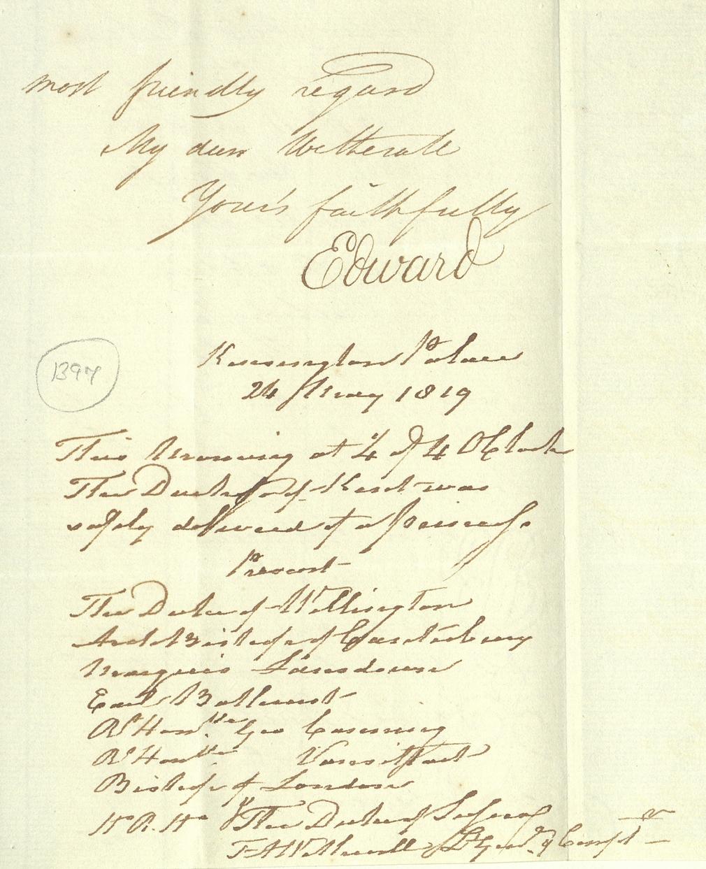 List of those present at Princess Victoria's birth, 23-24 May 1819. RA GEO/ADD/7/1396-1397