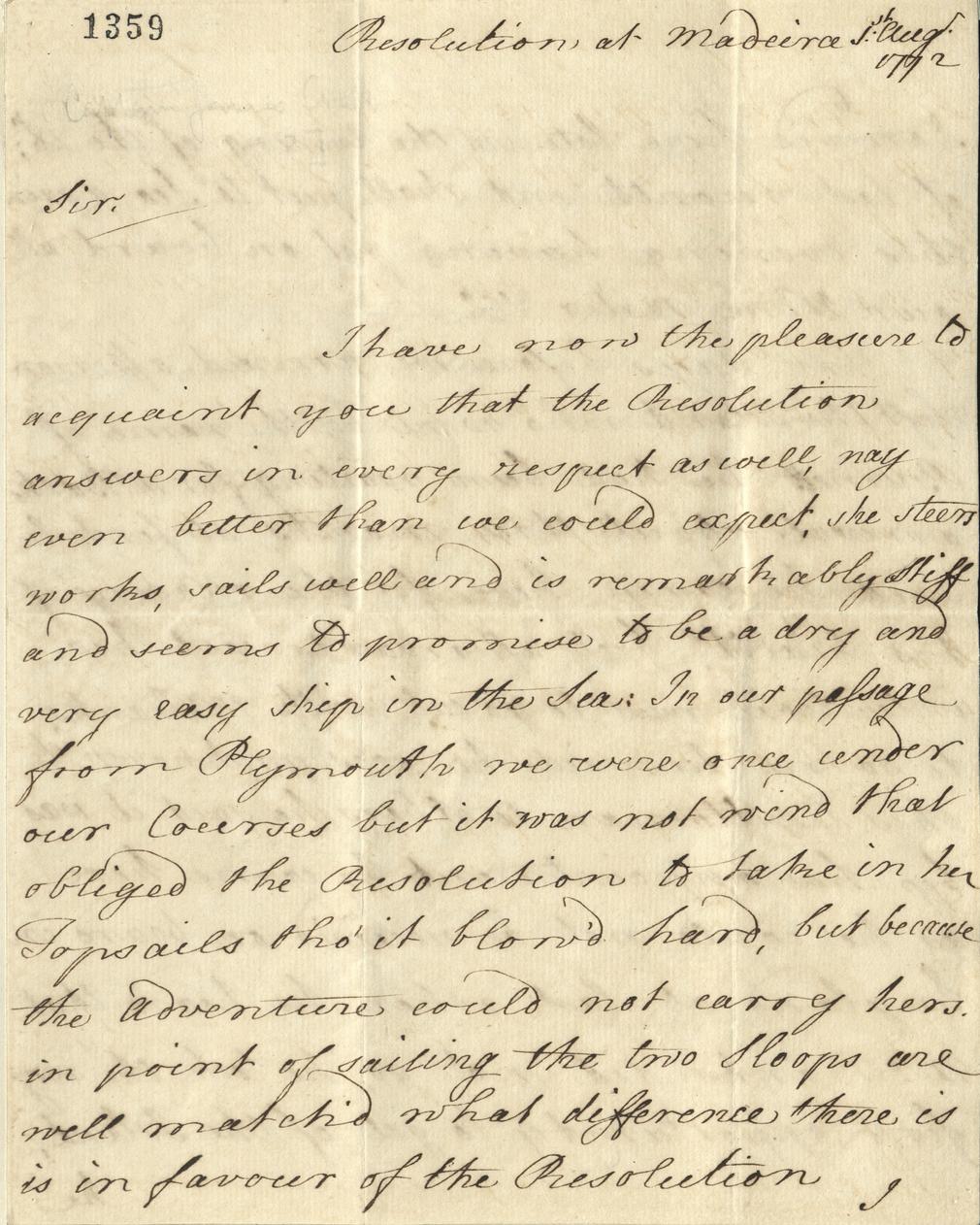 Letter from Captain James Cook, 1 August 1772. RA GEO/MAIN/1359