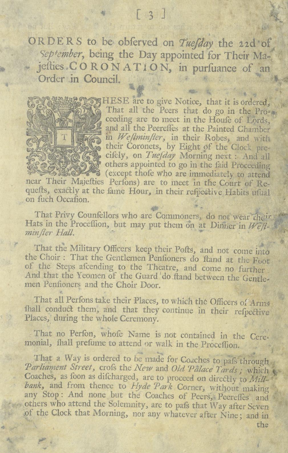 Orders to be observed at the coronation of George III, 1761 GEO/MAIN/15765-66