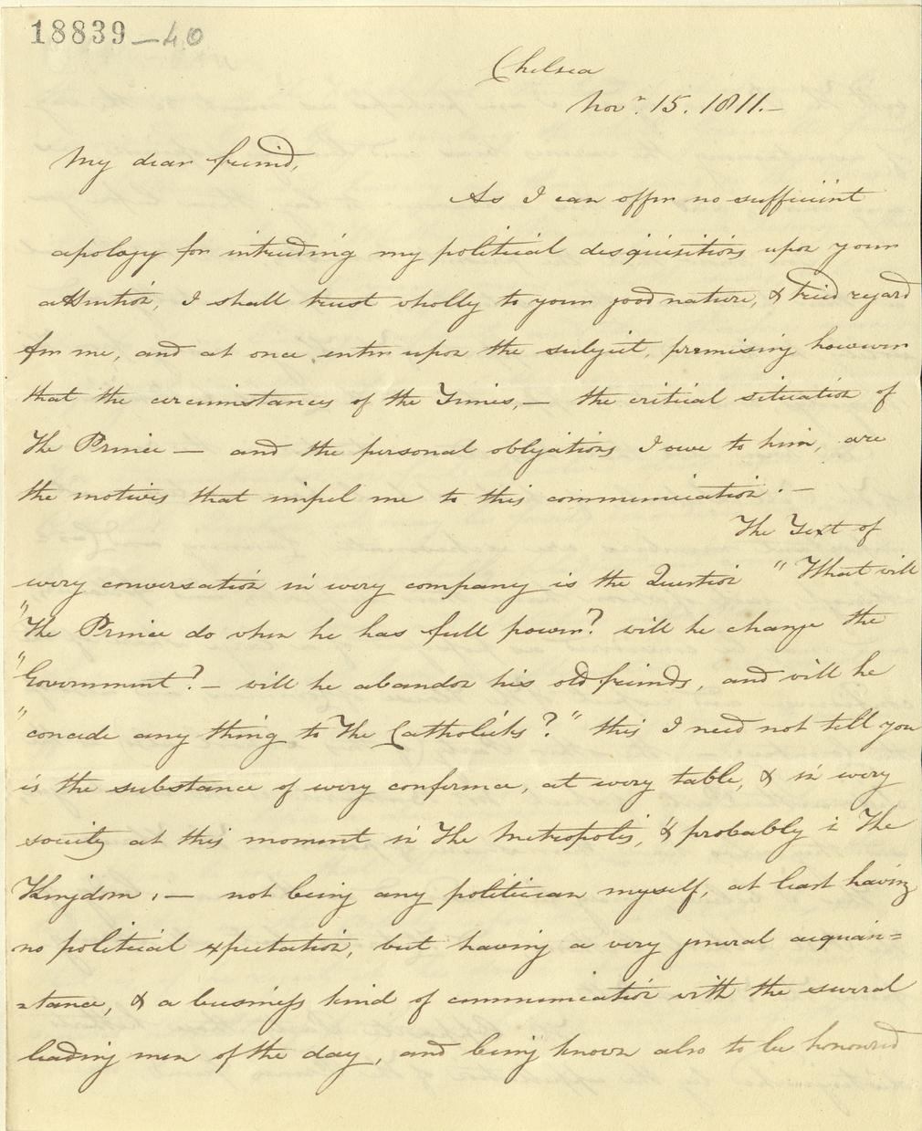 Letter from Colonel James Willoughby Gordon to Colonel John McMahon concerning the Regency, 15 November 1811. RA GEO/MAIN/18839-18842