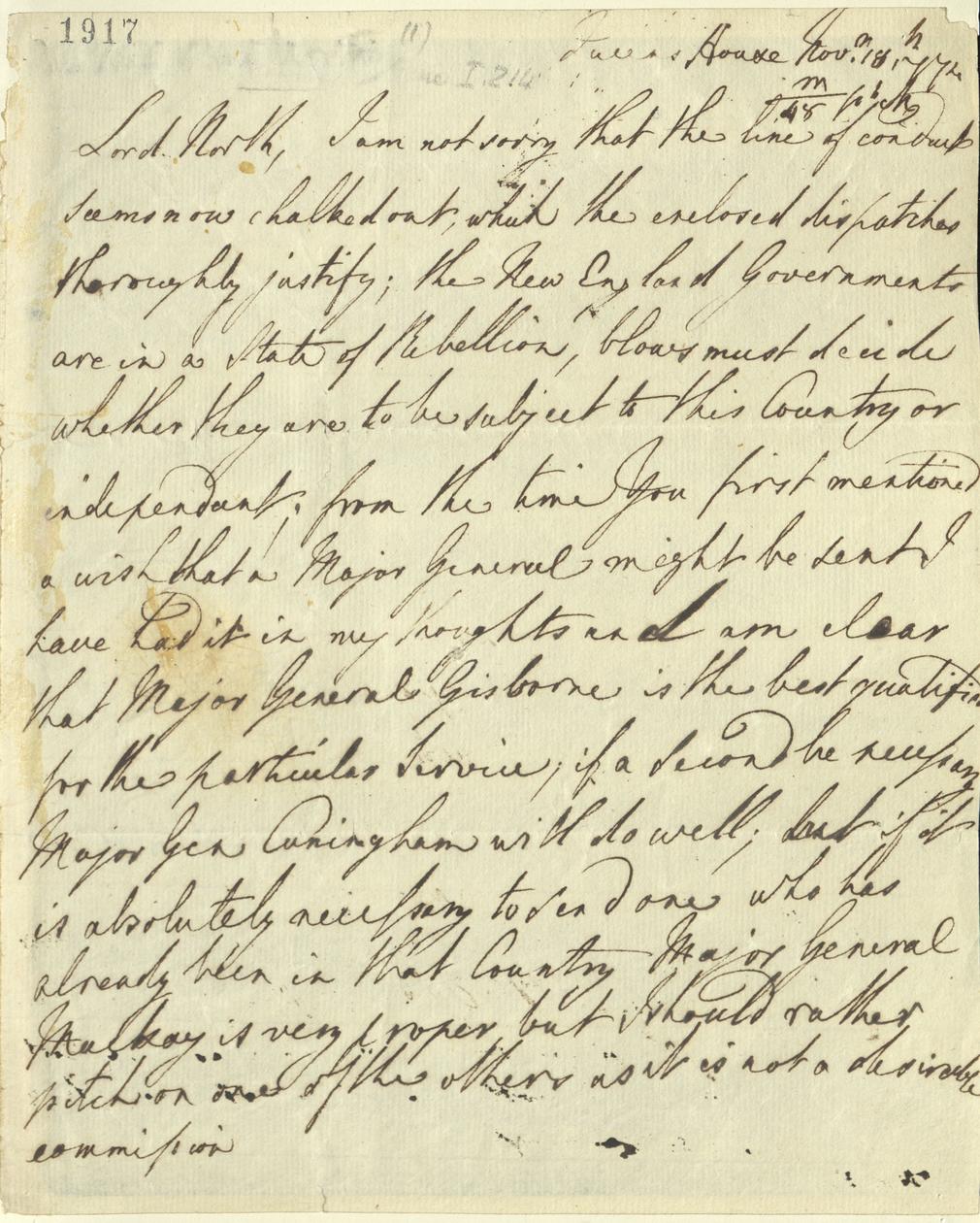 George III to Lord North on the 'State of Rebellion' of the New England governments, November 1774. RA GEO/MAIN/1917