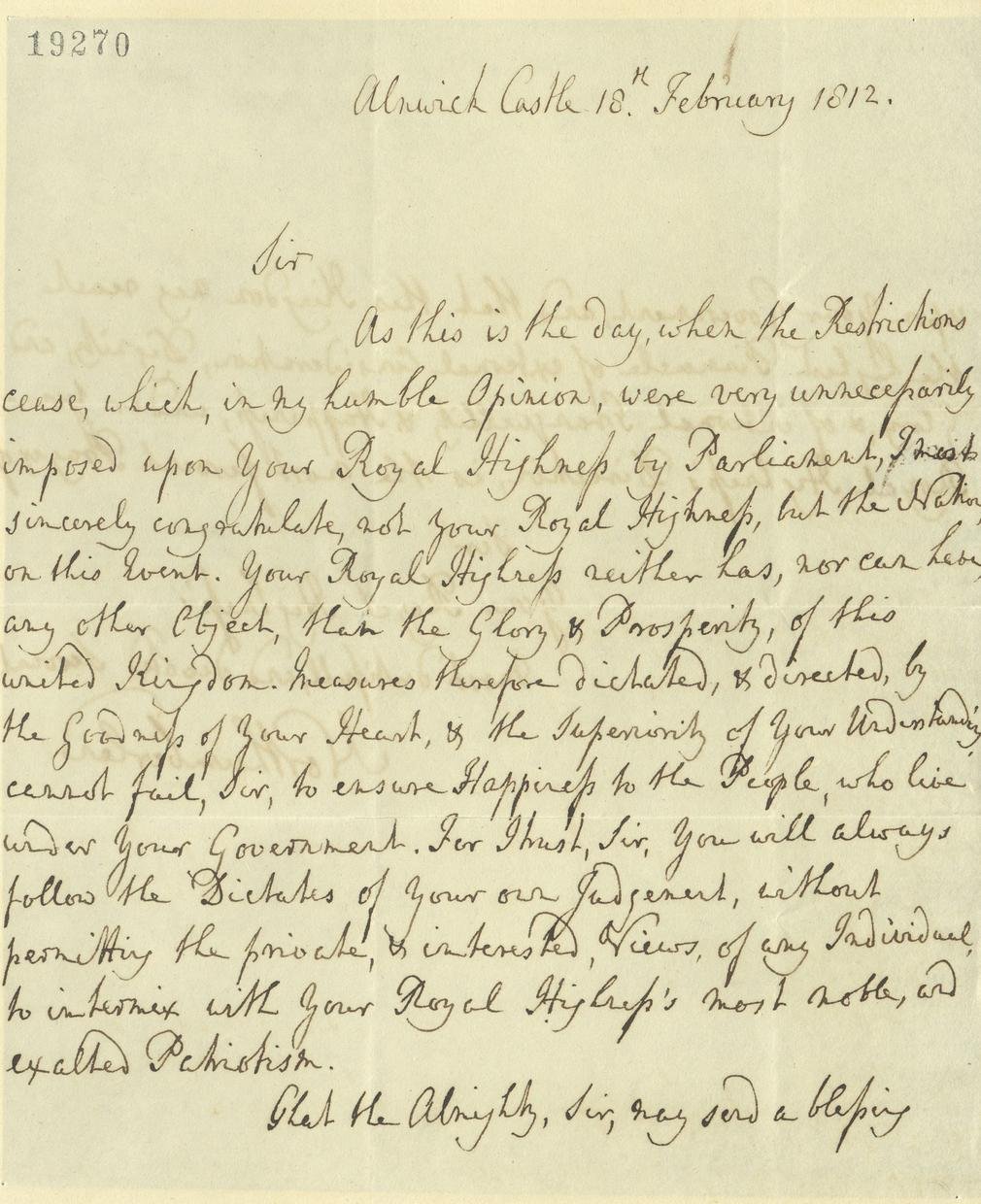 Letter of congratulations from the Duke of Northumberland to the Prince Regent, 18 February 1812. RA GEO/MAIN/19270