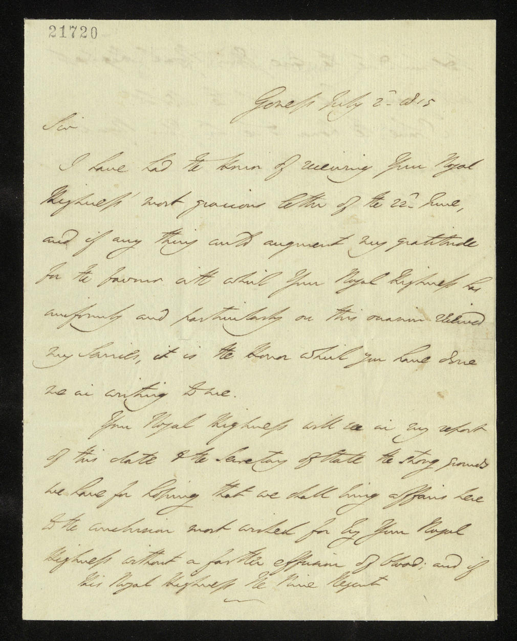 Letter from the Duke of Wellington to the Prince Regent after the Battle of Waterloo, 2 July 1815. RA GEO/MAIN/21720