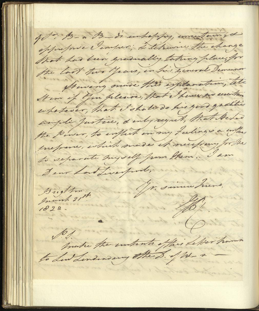 Copy letter from George IV to Lord Liverpool concerning Benjamin Bloomfield, March 1822. GEO/MAIN/24954-55