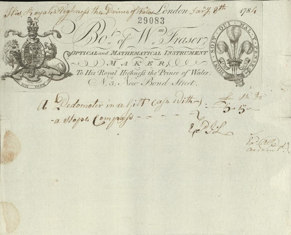 Bill issued by William Fraser for a pedometer in a gilt case with a compass, 1784, GEO/MAIN/29083 Bill for a pedometer