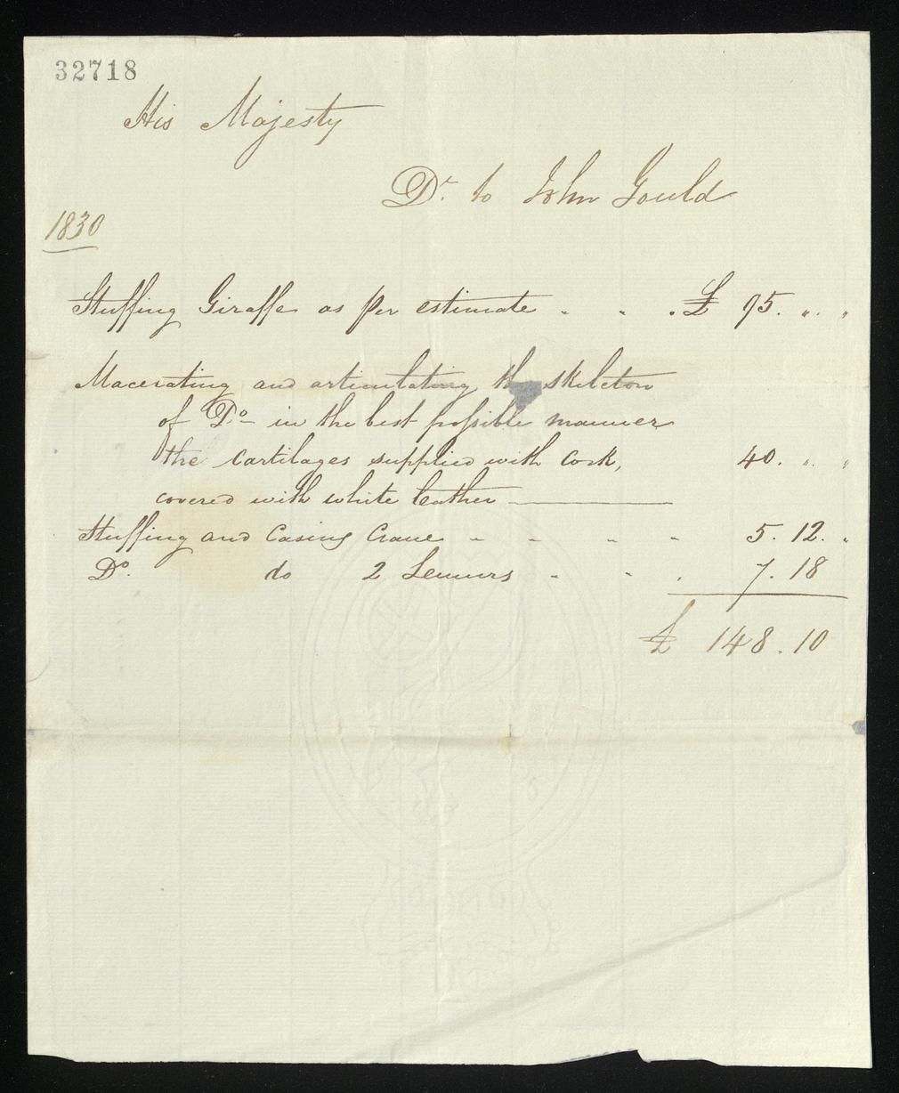 Account from John Gould for stuffing a giraffe and other animals, 1830. GEO/MAIN/32718
