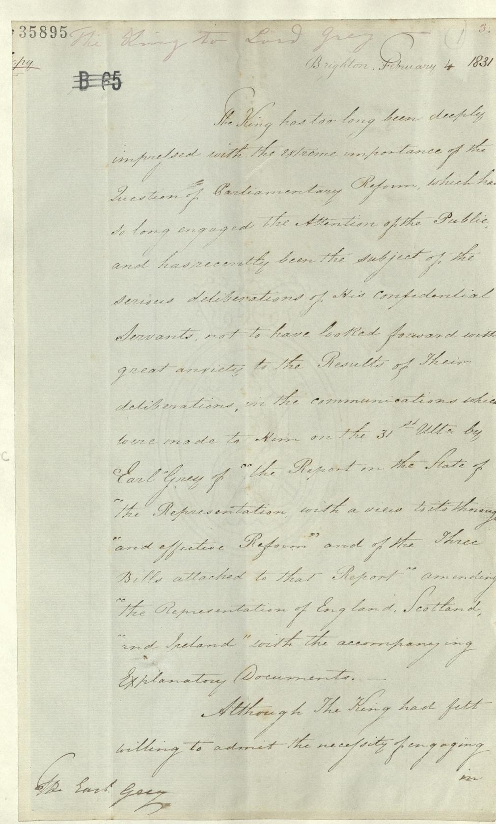 Letter from William IV to Lord Grey, on universal suffrage, 4 February 1831, GEO/MAIN/35859 Letter from William IV to Lord Grey, 1831