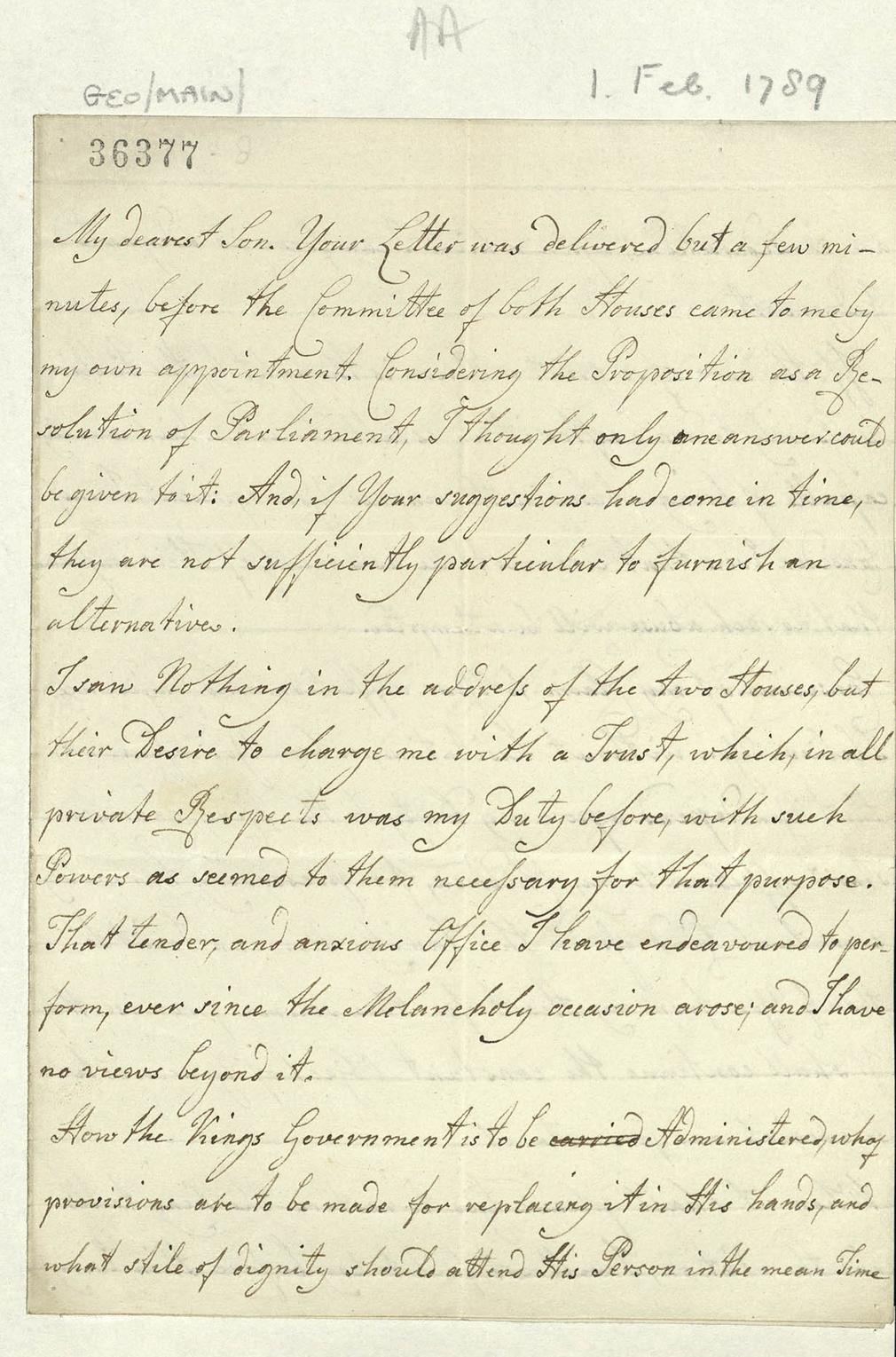 Queen Charlotte's letter to George, Prince of Wales, 1 February 1789, GEO/MAIN/36377 Manuscript letter from Queen Charlotte to George, Prince of Wales