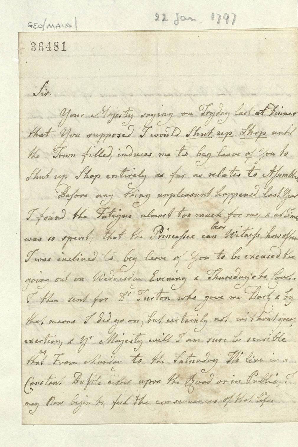 Letter from Queen Charlotte to George III, 22 January 1797, GEO/MAIN/36481-2 Letter from Queen Charlotte to George III
