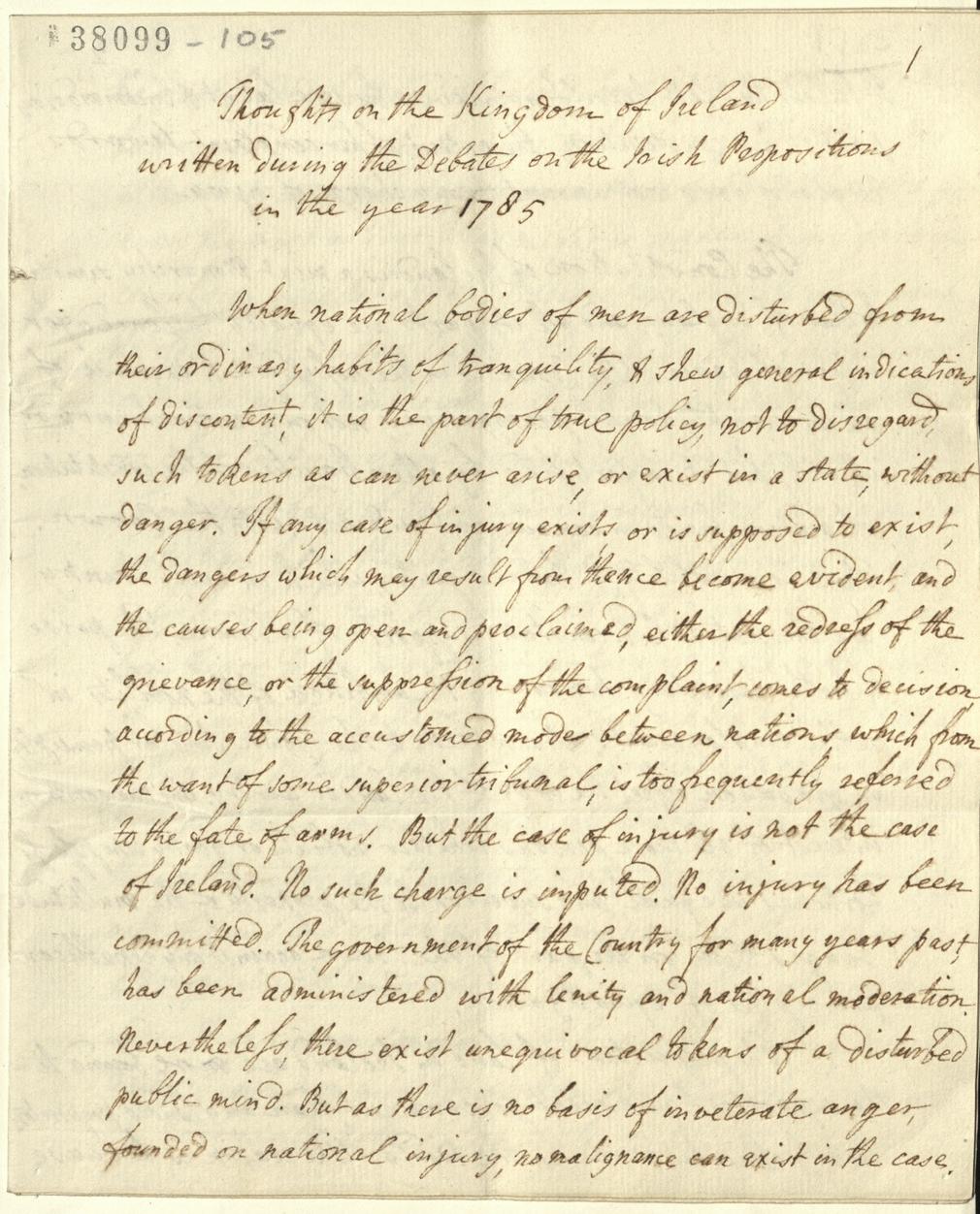 Memorandum on Ireland regarding its history and Constitution, and the possibility of George, Prince of Wales, being crowned King of Ireland, 1785. GEO/MAIN/38099-38105