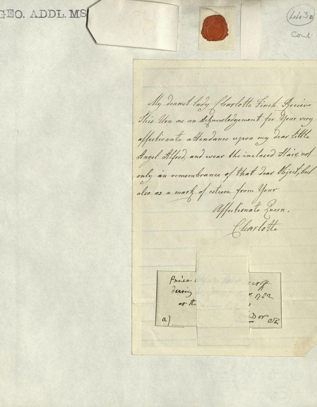 Letter from Queen Charlotte to Lady Charlotte Finch enclosing a lock of Prince Alfred's hair, 1782, GEO/ADD/15/443b Letter from Queen Charlotte to Lady Charlotte Finch