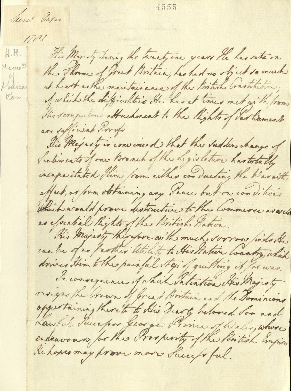George III's memorandum of abdication, 1782. RA GEO/MAIN/4555