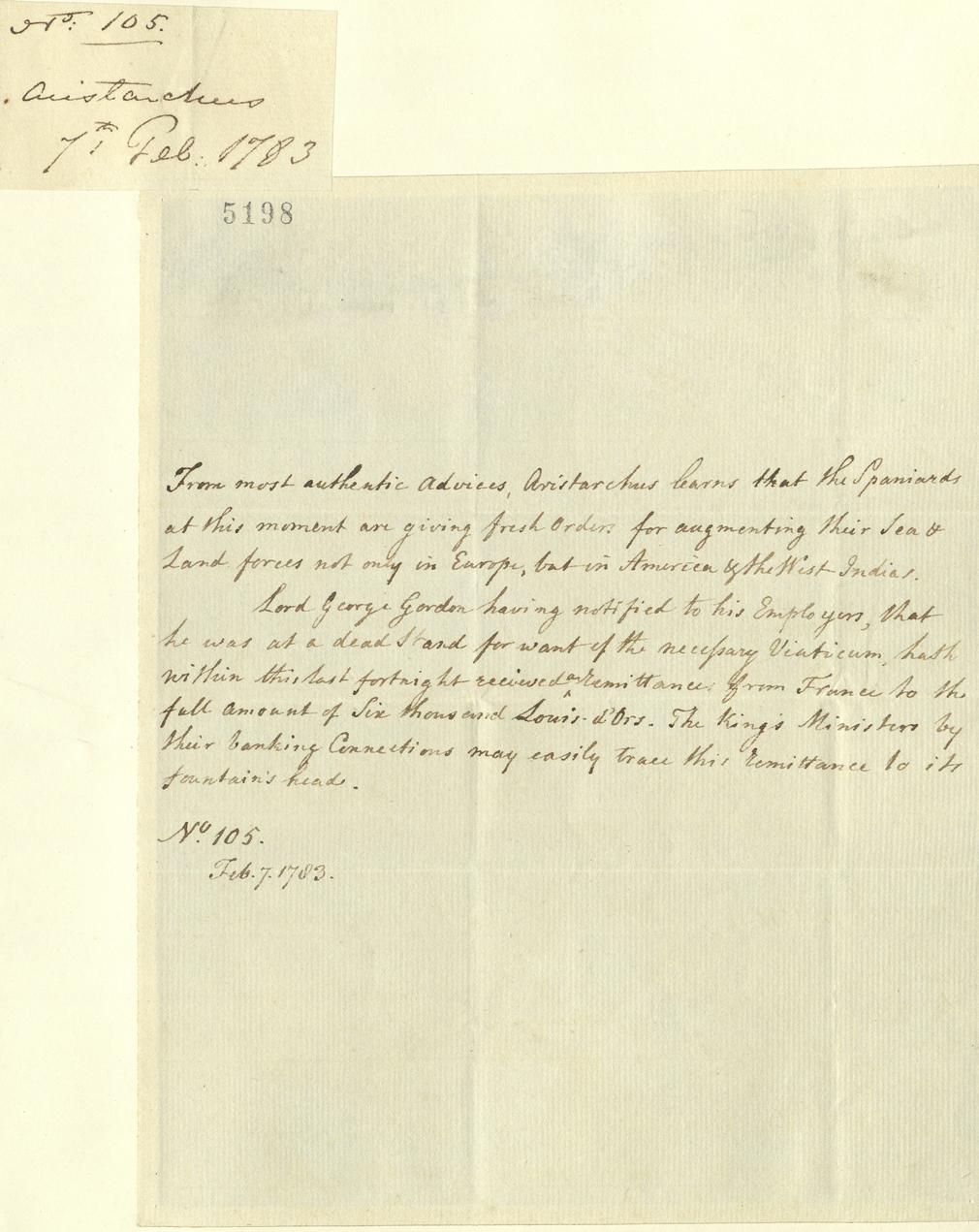 Intelligence from Aristarchus, 1783. RA GEO/MAIN/5198