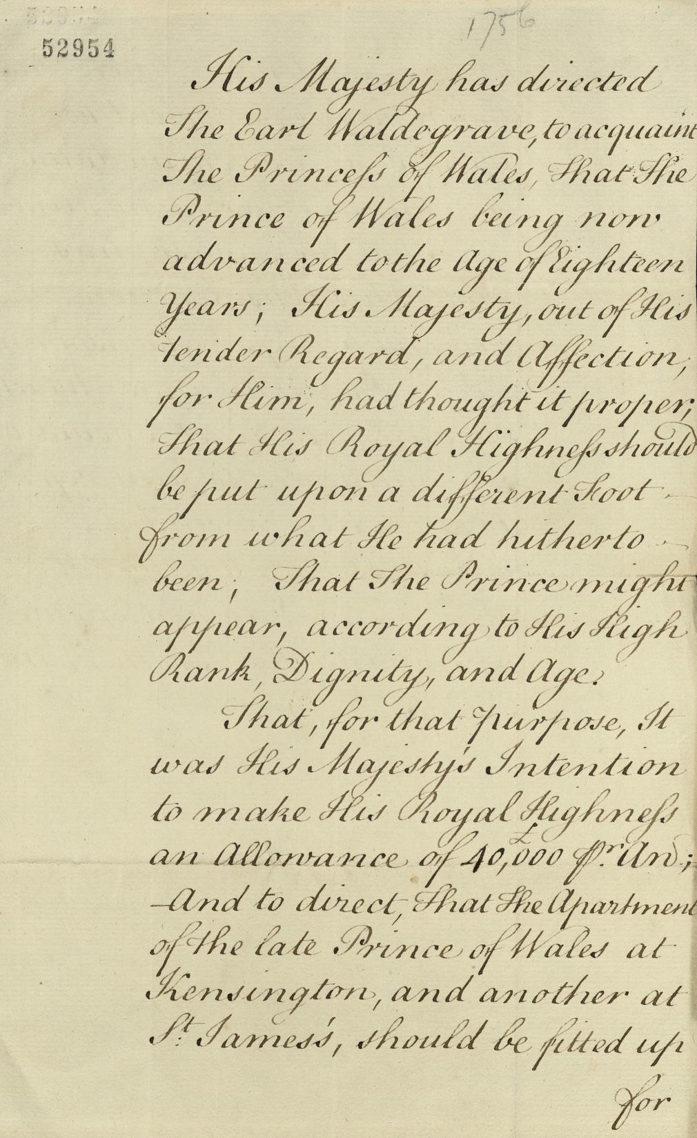 Offer by George II of £40,000 for the Prince and his brother Edward to be set up in their own households, 1756, GEO/MAIN/52954 Manuscript letter dated 1756