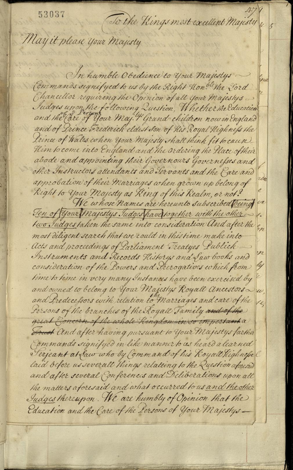 Extract from papers relating to the judgement concerning responsibility for the education and care of George II's grandchildren, GEO/MAIN/53037 Document from a volume of papers collated by Lord Macclesfield