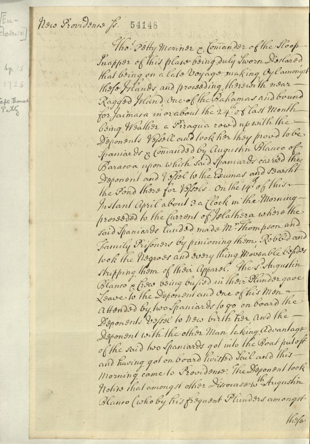 Captain Thomas Petty's deposition recounting the capture of his ship, the Snapper, by Spanish pirates, 1725. GEO/MAIN/54148 Captain Thomas Petty's affadavit, 1725