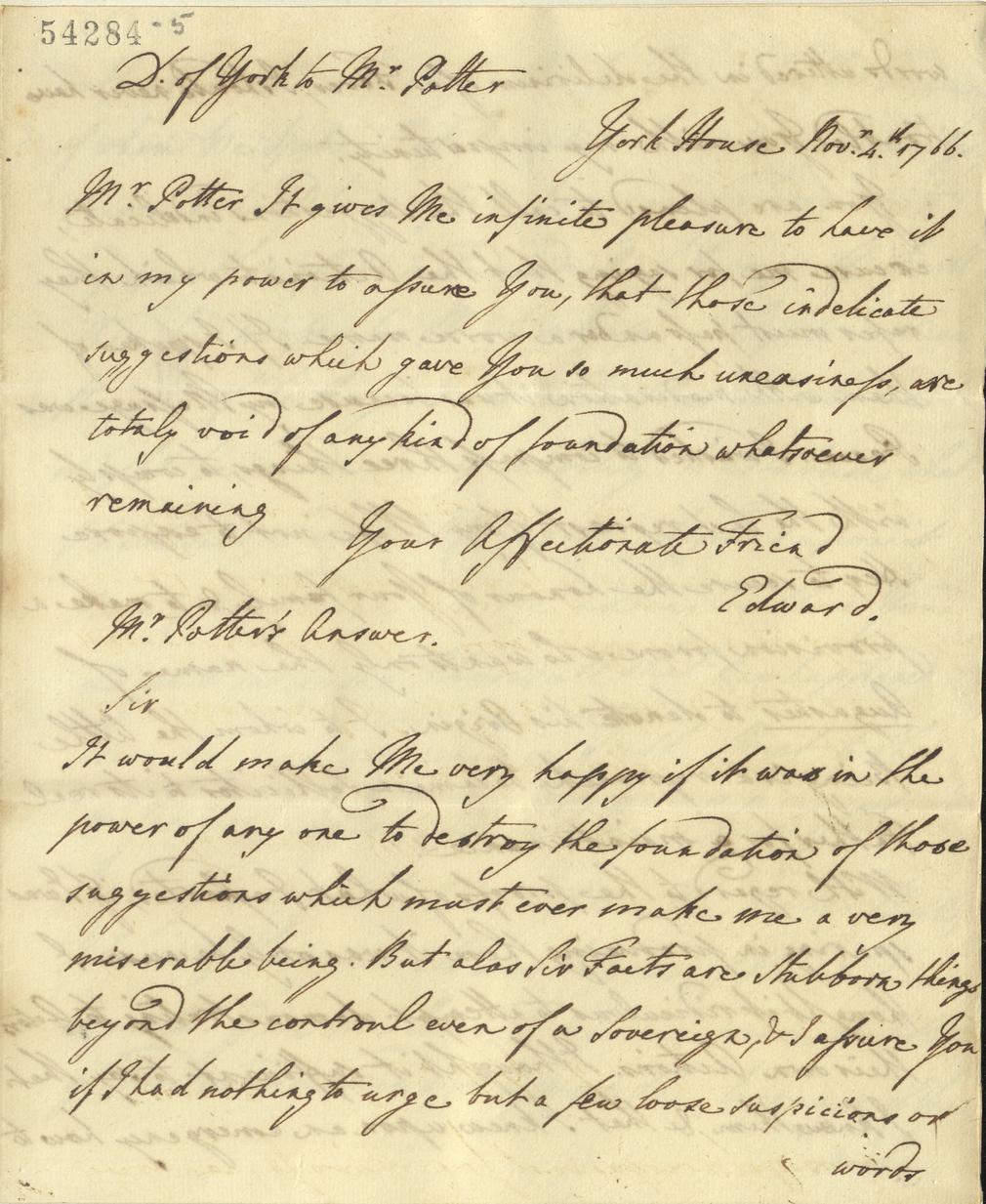 Copy letter from Edward, Duke of York to Thomas Potter, 8 November 1766. RA GEO/MAIN/54284-54285