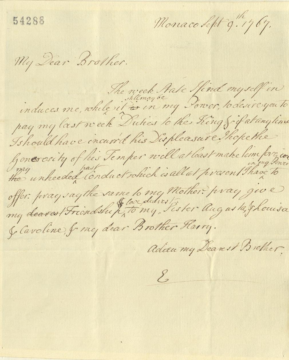 Copy letter from Edward, Duke of York, to William Henry, Duke of Gloucester, sent days before Edward's death, 9 September 1767. RA GEO/MAIN/54288