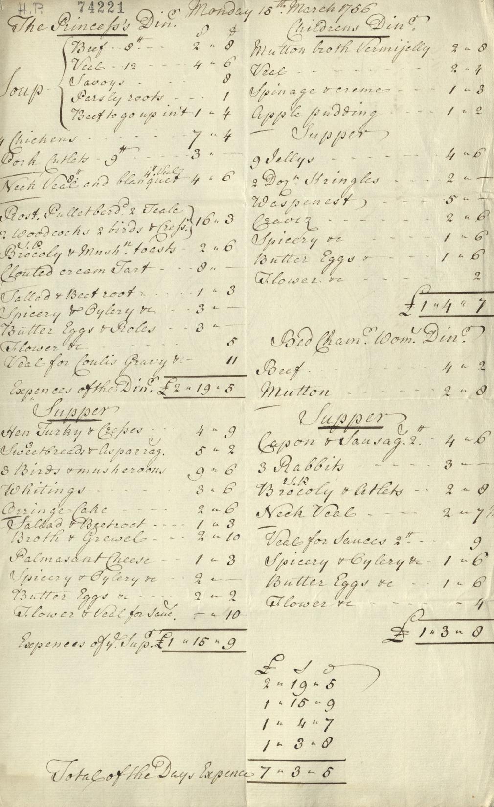 Cost of one day's food for Augusta, Princess of Wales, her children, and her Woman of the Bedchamber, 1757. GEO/MAIN/74221 Bill showing cost of one day's food for Princess Augusta