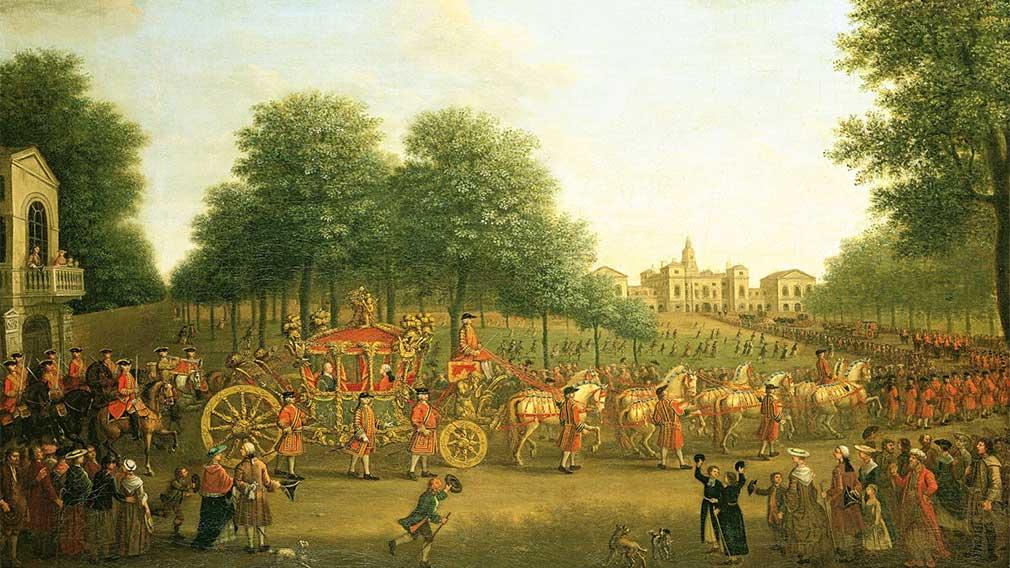 George III's Procession to the Houses of Parliament - the first outing in 1762 of the Gold State Coach. George III's Procession to the Houses of Parliament