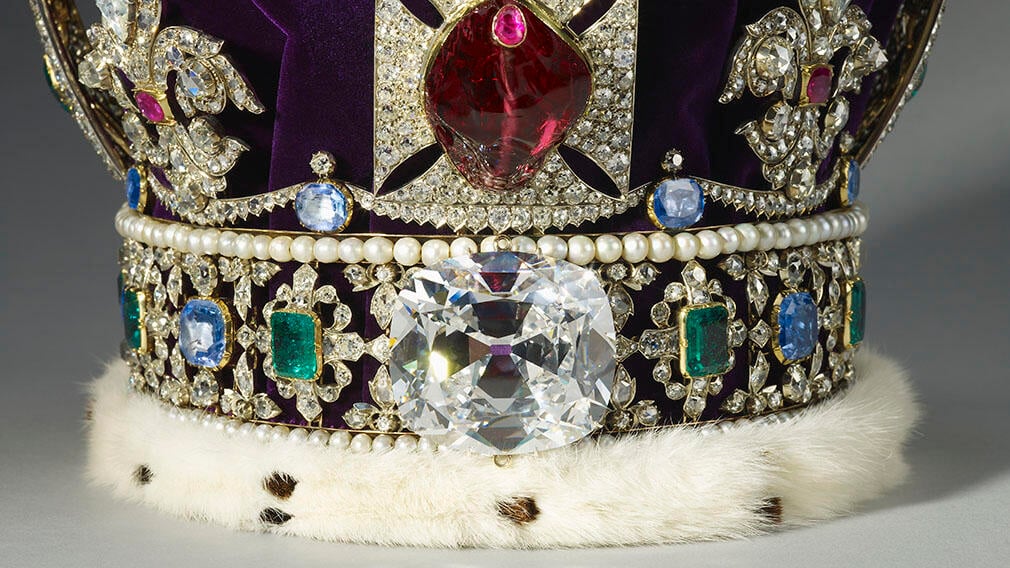 Close up detail of the Cullinan II diamond in the Imperial State Crown. Large diamond at the base of crown surrounded with other jewels.