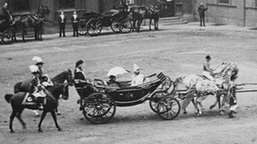 Photograph showing the departure of Queen Victoria in the Semi-State Landau from the courtyard of Buckingham Palace. Semi-State Landau
