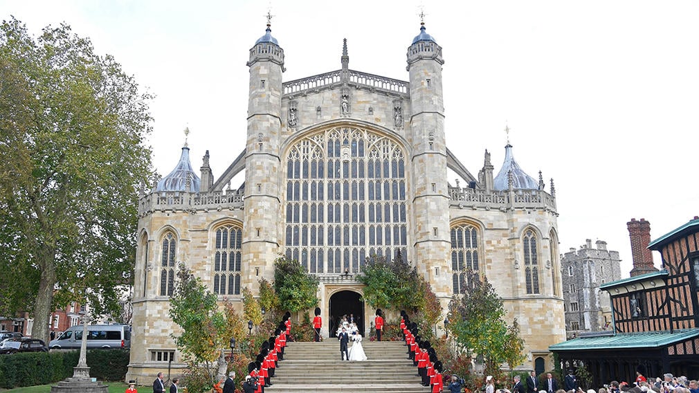 Princess Eugenie and Jack Brooksbank outside St George's Chapel Princess Eugenie and Jack Brooksbank stand outside of St George's Chapel