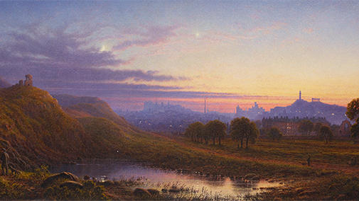 Queen Victoria commissioned this view of Holyroodhouse as ‘she used to see it on approaching it from the Station’. Edinburgh with a distant view of the Palace of Holyroodhouse