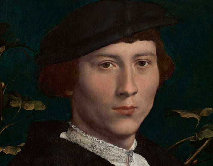 Painting of a man wearing a black hat with green leaves behind.