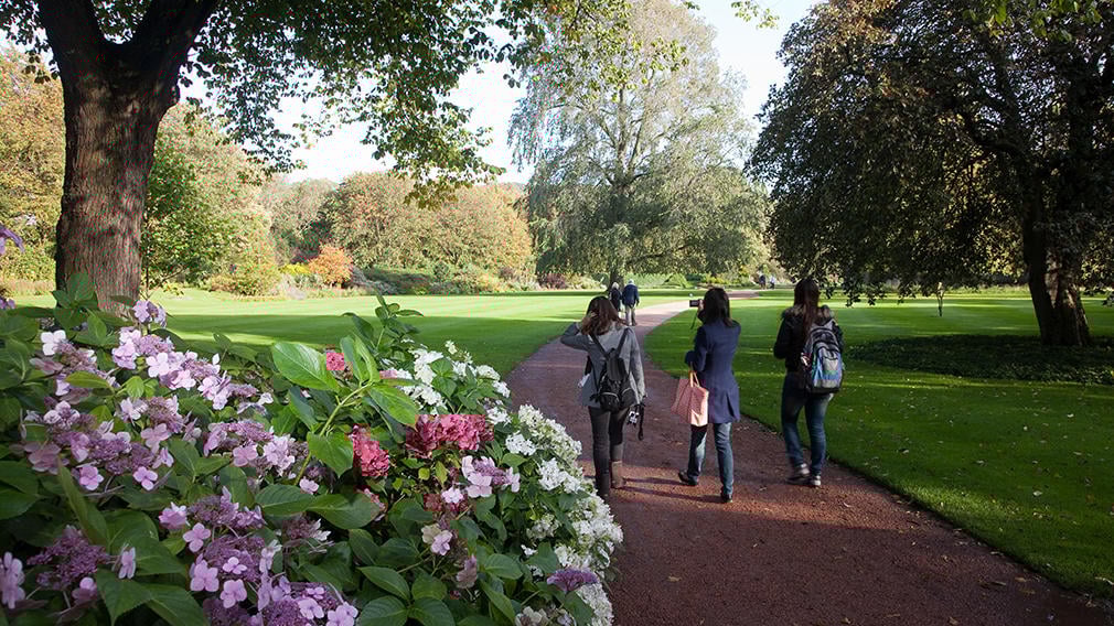 The beautiful Palace gardens Three people walk along a path through the gardens. Flowers and trees surround them