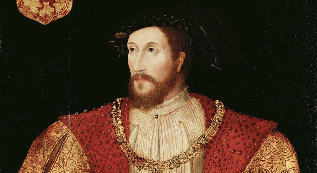 James V of Scotland used Abbey Strand as a weapons store. Image of James V of Scotland wearing red and gold clothing and a black hat.