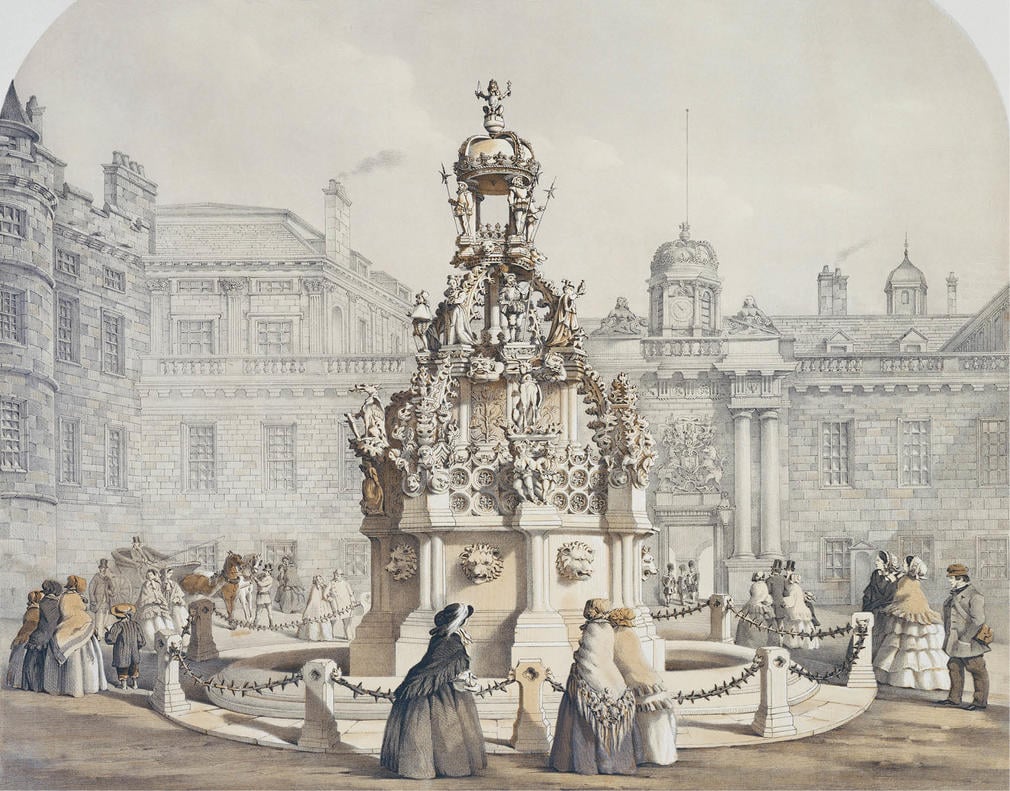 A watercolour showing members of the public gathered around the new fountain in the Forecourt. A watercolour showing members of the public gathered around the new fountain in the Forecourt.