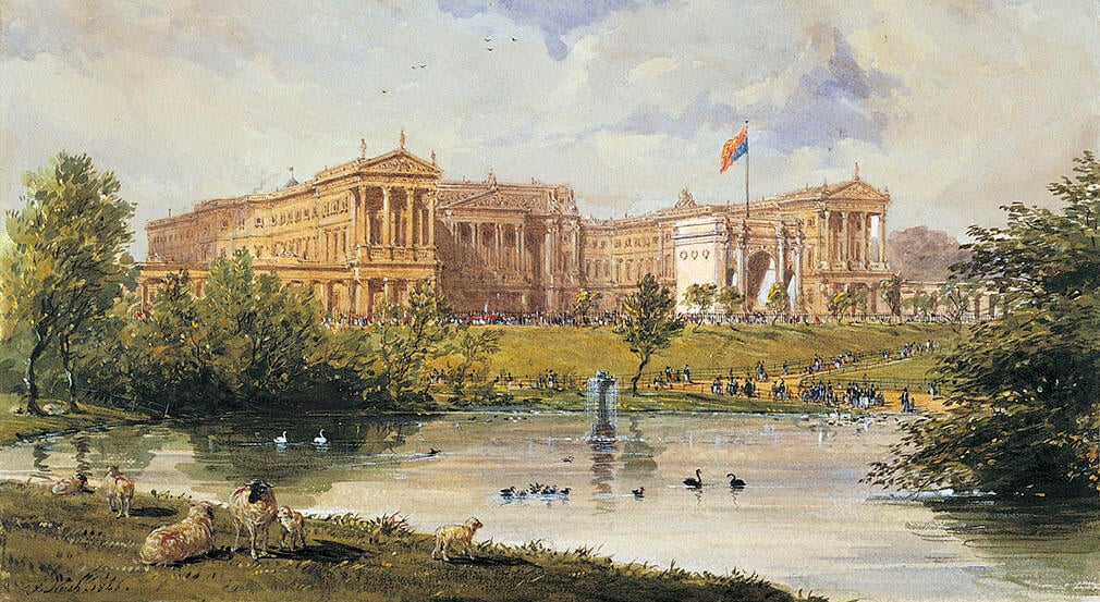 Buckingham Palace in 1846, showing the Marble Arch in the centre of the Forecourt (RCIN 919892