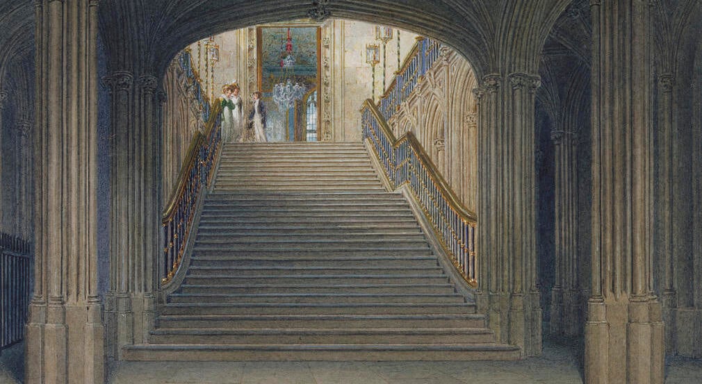 George III's Gothic Grand Stair looking north from the Great Gate (RCIN 922097) George III's Gothic Grand Stair looking north from the Great Gate