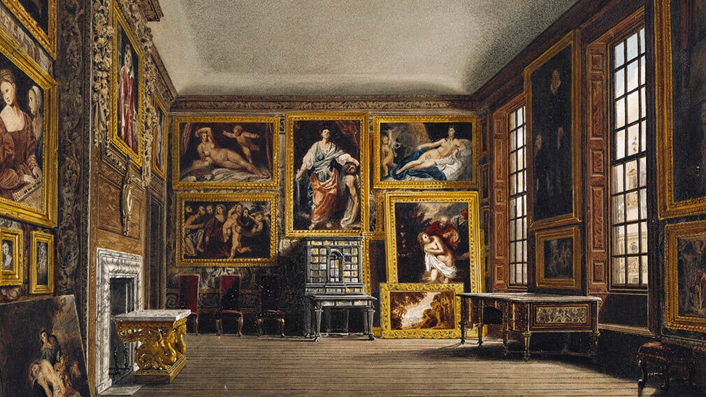 An 1819 watercolour showing <i>Susanna and the Elders</i> by Artemisia Gentileschi at Kensington Palace (RCIN 922159). A painting of a room ornately decorated with paintings and furniture.