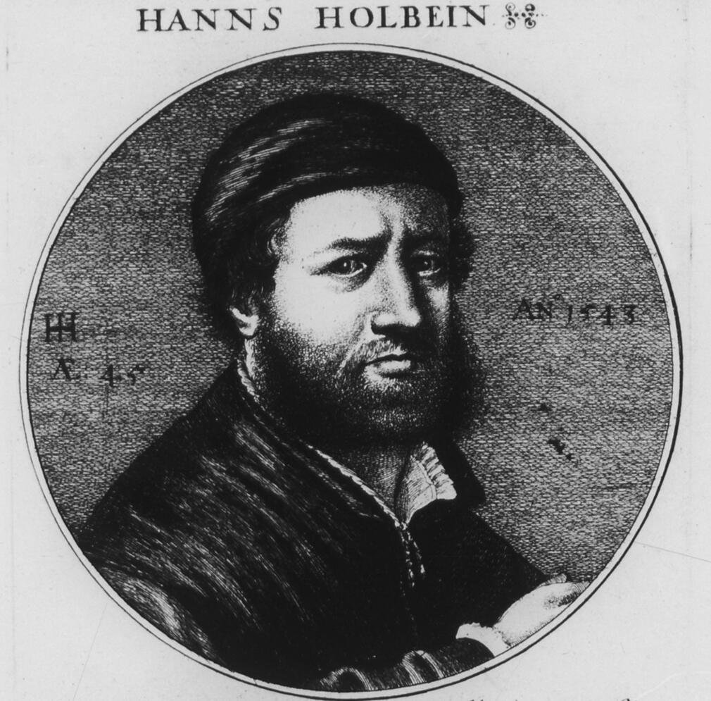 A portrait of Hans Holbein by Wenceslaus Hollar, 1647 (RCIN 803435). Black and white image of a man.
