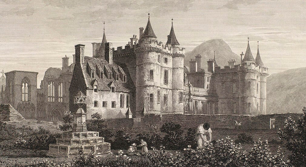 View of the Palace of Holyroodhouse in the 1820's where the historic physic garden was located (RCIN 702906) Black and white image of the palace with people tending to the gardens