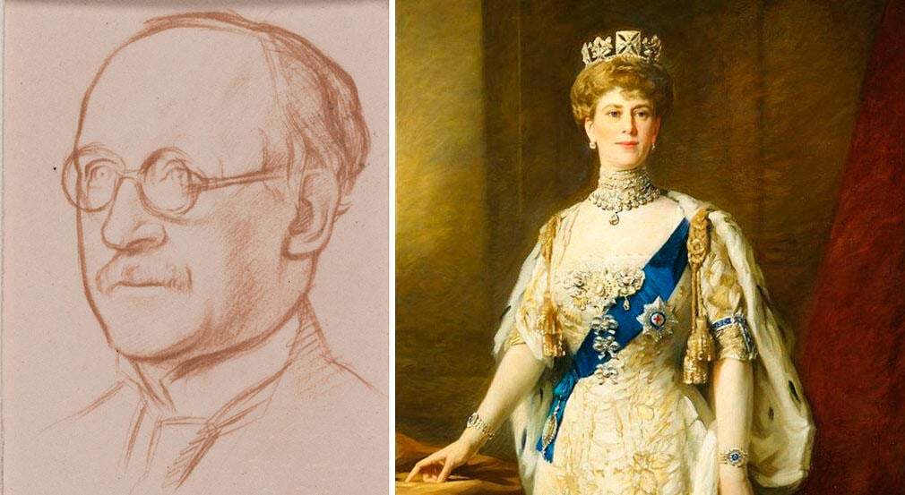 Sir Edwin Lutyens and Queen Mary Drawing of a man in profile and Queen Mary wearing a crown and robes.