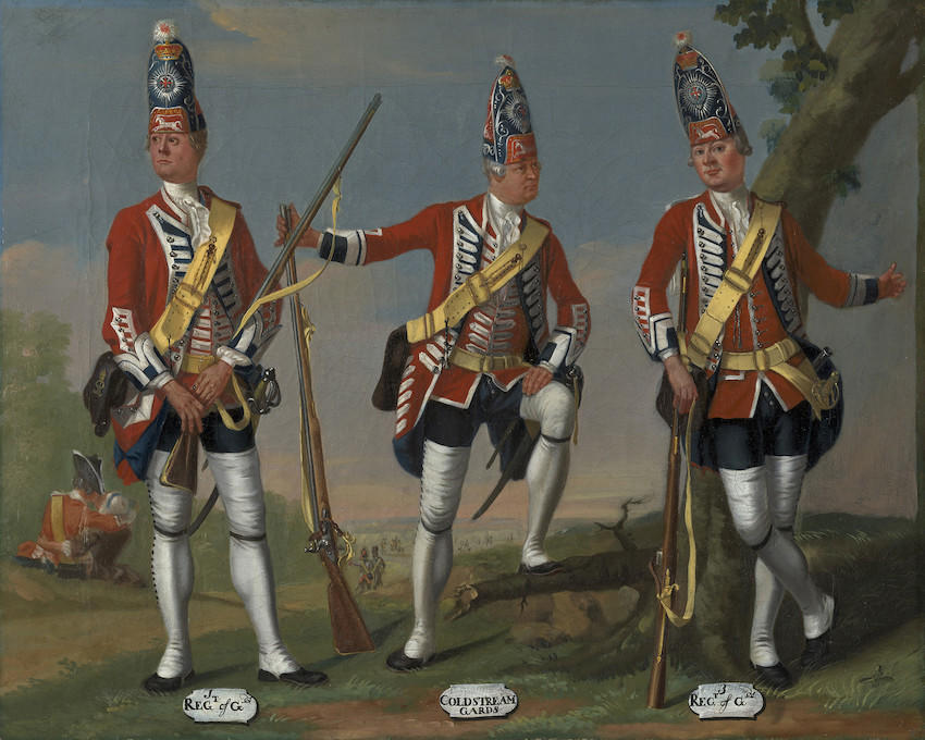 Grenadiers, 1st and 3rd Regiments of Foot Guards and Coldstream Guards, 1751 c. 1751-60, RCIN 405597 Painting of three soldiers in red uniforms