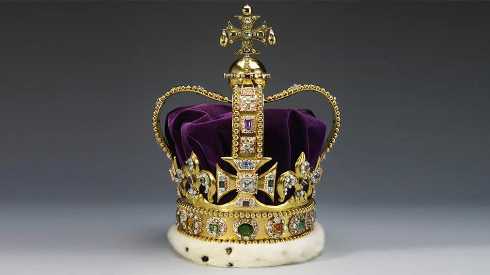 St Edward's Crown, 1661 (RCIN 31700) A gold crown set diamonds, rubies, amethysts and sapphires. It has a purple velvet cap.